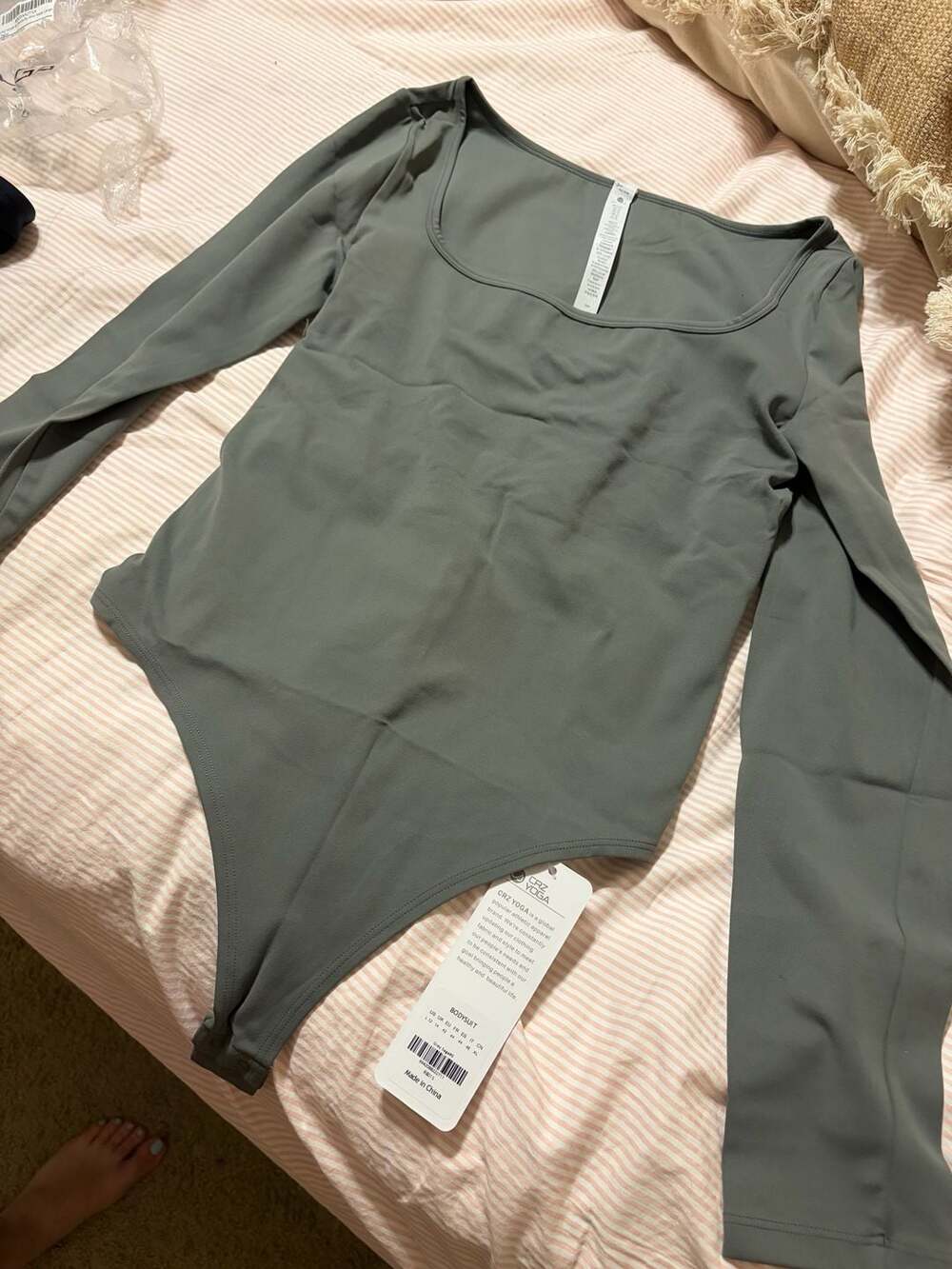 CRZ YOGA Butterluxe Square Neck Long Sleeve Bodysuit in Grey Sage